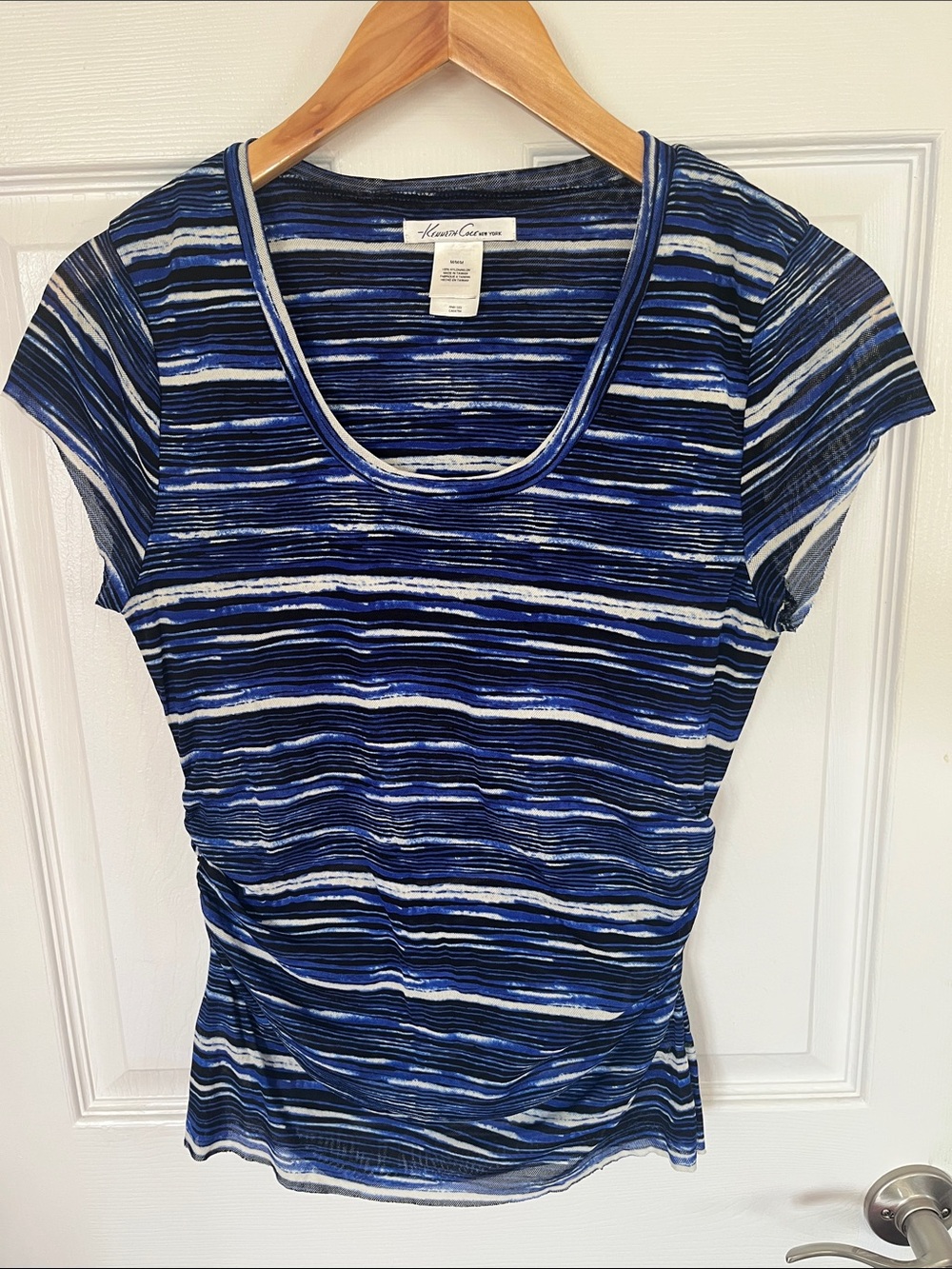 Kenneth Cole Blue & White Striped Scoop Neck Short Sleeve Top
